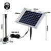 A solar panel connected to a submersible water pump with a long electrical cord. Showing the dimensions of product.