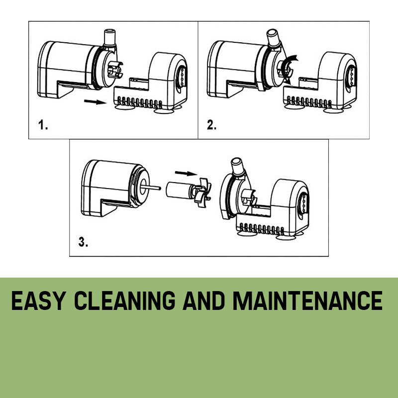 Diagrams showing how to pull apart water pump for cleaning and maintenance.