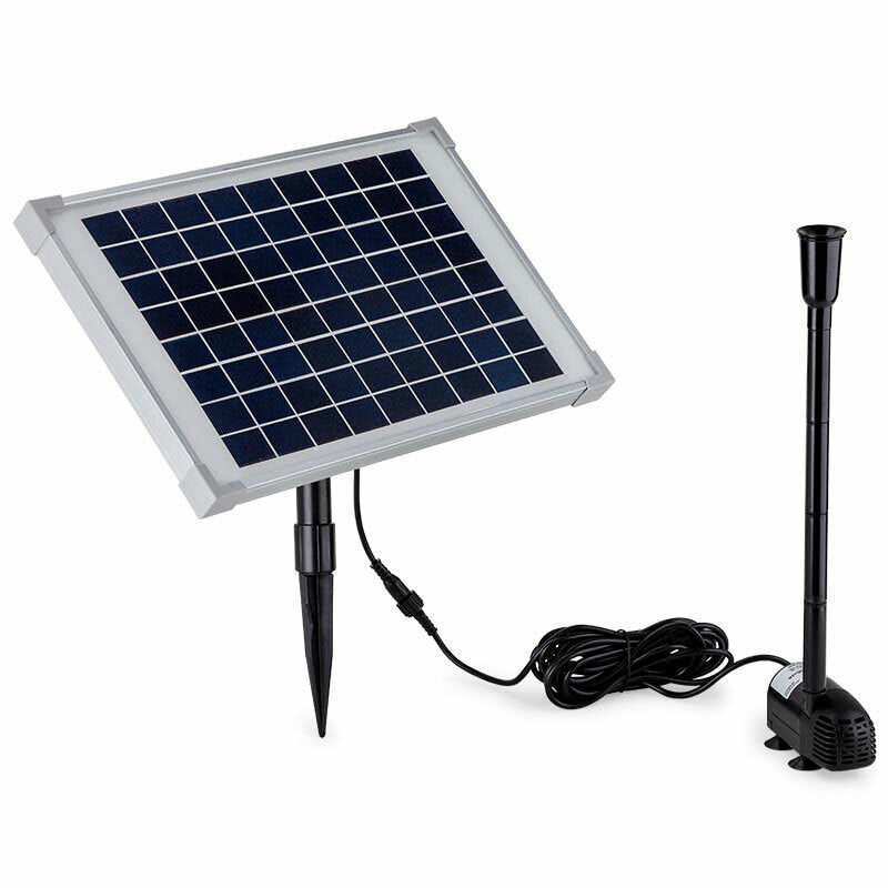 A solar panel connected to a submersible water pump designed for garden use. The panel is flat and rectangular, and the pump is cylindrical and black, with a long electrical cord.