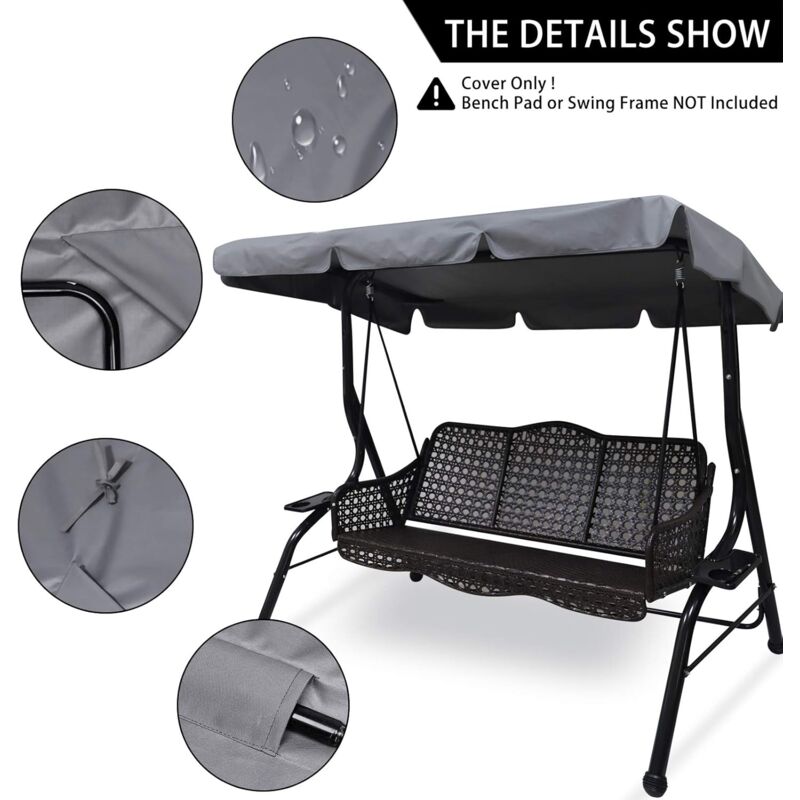 Gray swing cover for a bench swing with water droplet details on a white background.
