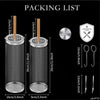 Packing list with dimensions and features of metal grill baskets on a black background