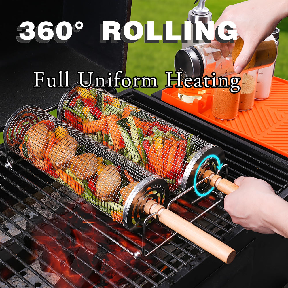 Grill basket accessory with vegetables being rolled on a 360-degree heating system.