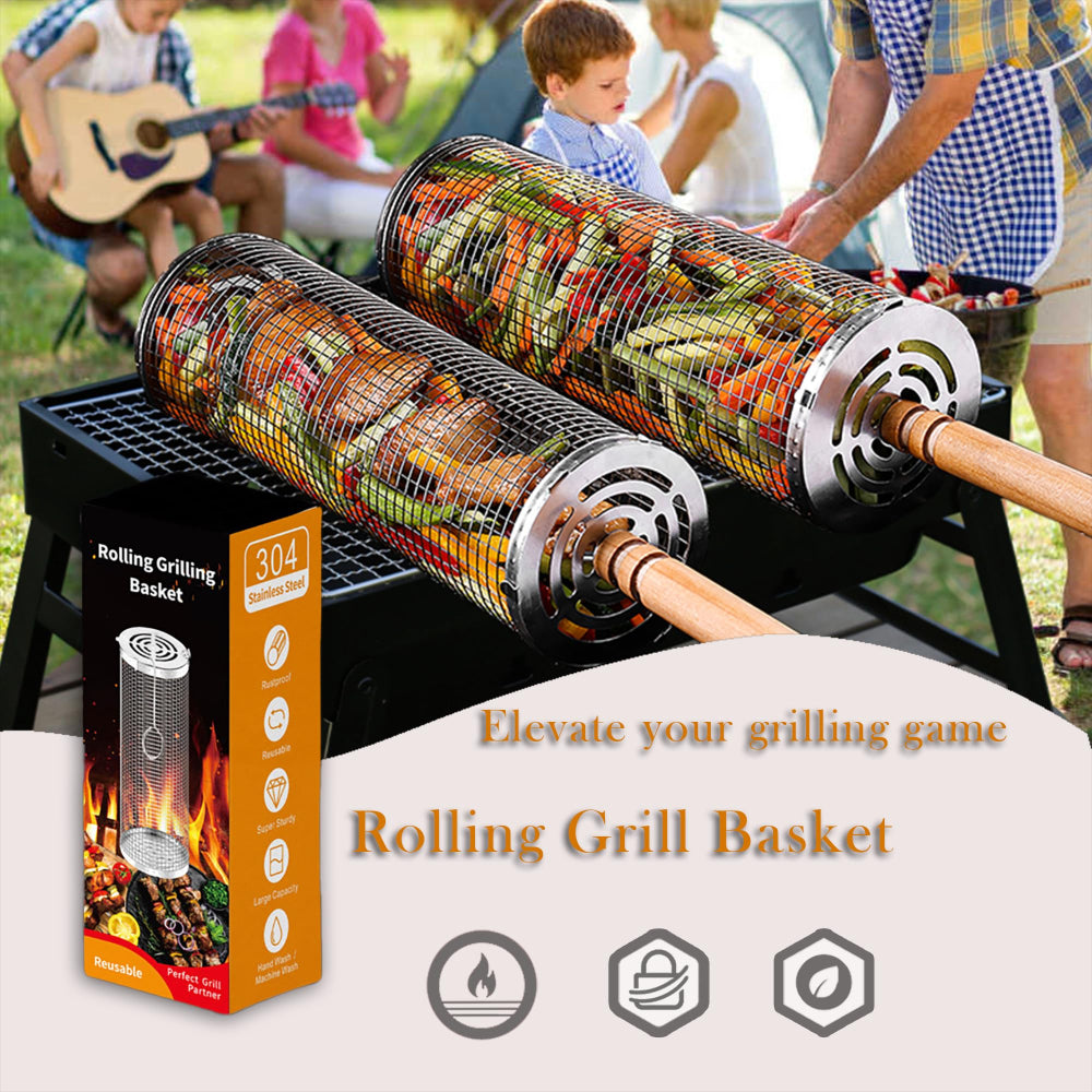 Rolling grill basket with packaging on a stand, with people in the background