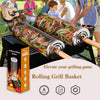 Rolling grill basket with packaging on a stand, with people in the background