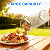 Metal grill basket being used to transfer grilled vegetables and meats onto a plate with 'LARGE CAPACITY' text above.