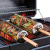 Two mesh grilling tools with vegetables being used on a grill.