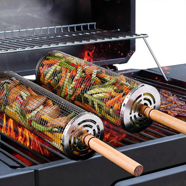 Two mesh grilling tools with vegetables being used on a grill.