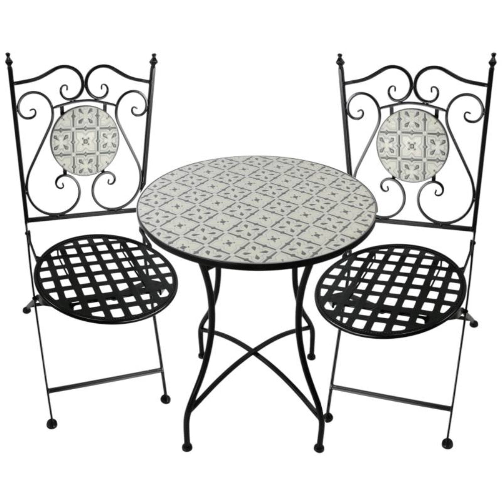 Wrought iron table and chairs set with decorative patterns on a white background