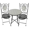 Wrought iron table and chairs set with decorative patterns on a white background