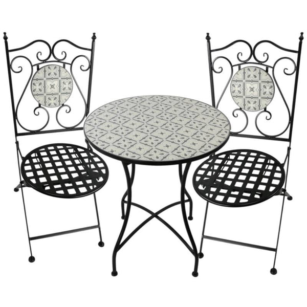 Wrought iron table and chairs set with decorative patterns on a white background