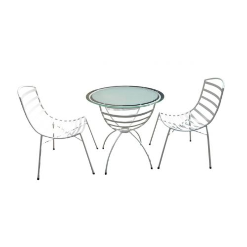 Two white metal chairs with a glass top table, set with a white background.