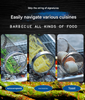 Metal mesh food holders with food items on a grill, text about navigating various cuisines.
