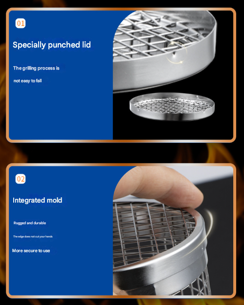 Metallic grill lid with specially punched lid design and integrated mold feature, on a dark background.