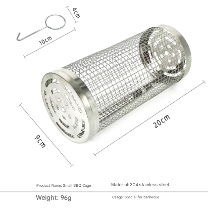 Stainless steel BBQ cage with dimensions and weight on a white background
