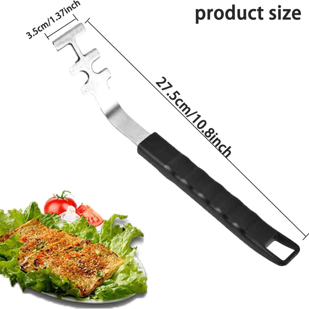 Grill Grate Lifter Tool with dimensions and a plate of food in the background