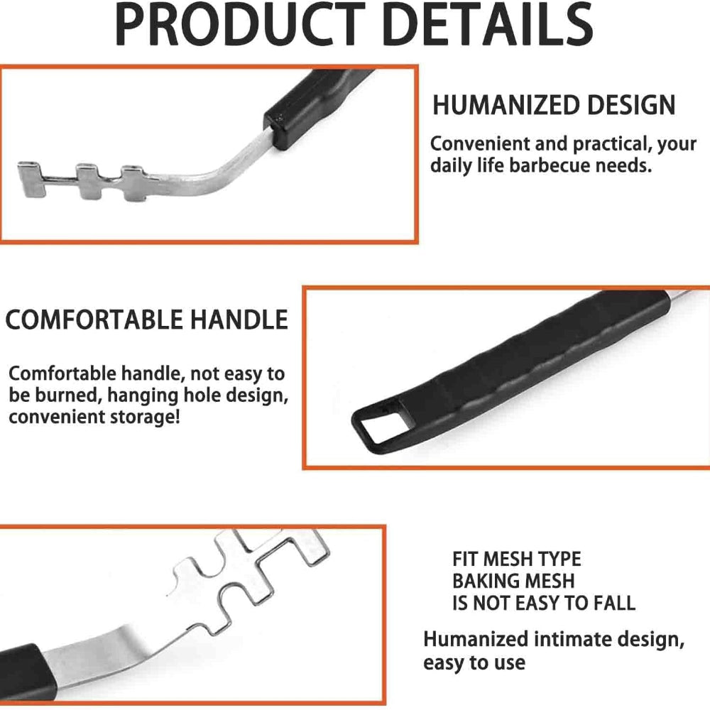 Product details of a barbecue tool with features highlighted.