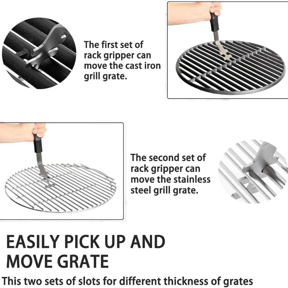 Illustration of grill grates with rack grippers and text explaining their use.