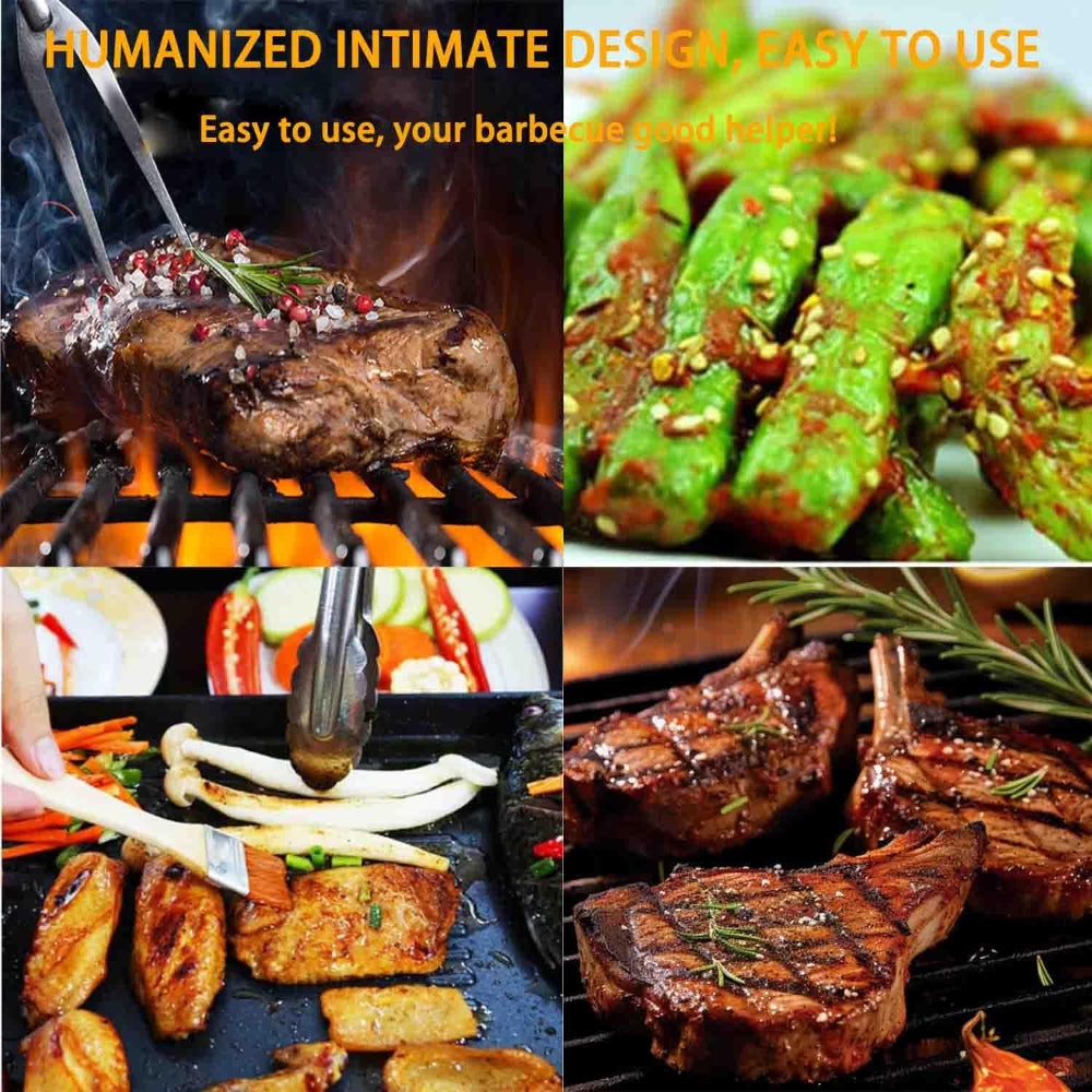 Collage of grilled food images with text about a barbecue tool set.