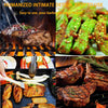 Collage of grilled food images with text about a barbecue tool set.