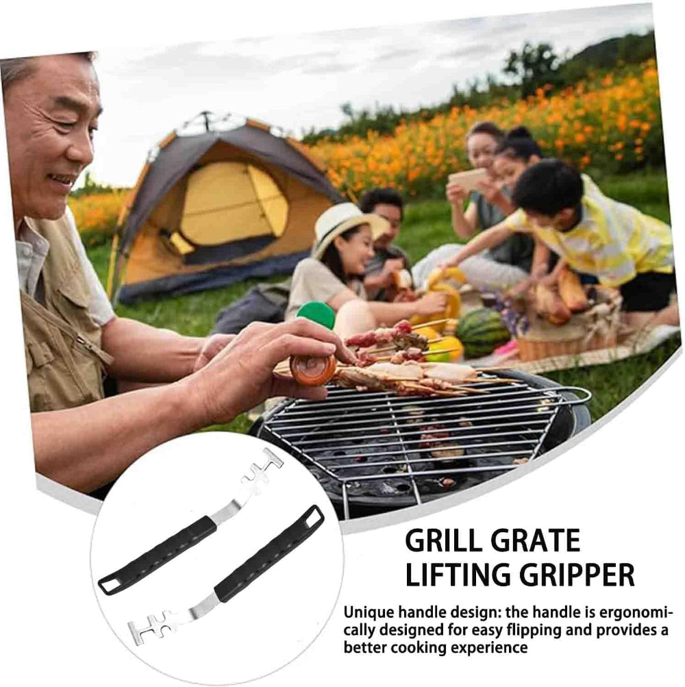 People grilling outdoors with a focus on a grill grate lifting gripper.