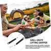People grilling outdoors with a focus on a grill grate lifting gripper.