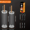 Product size chart with grill basket, skewers, and packaging on a dark background