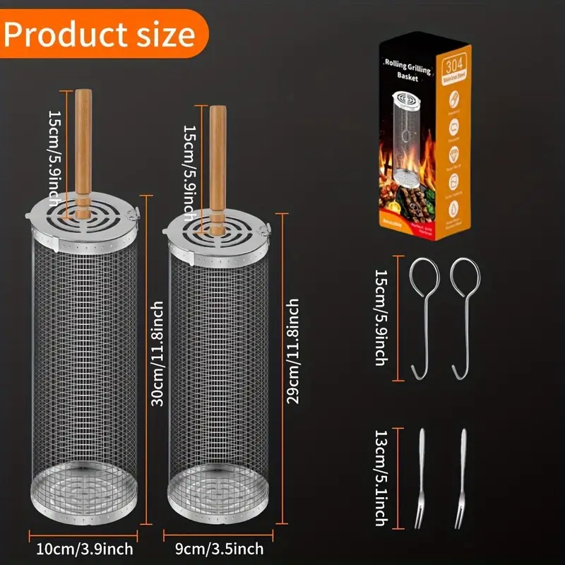 Product size chart with grill basket, skewers, and packaging on a dark background
