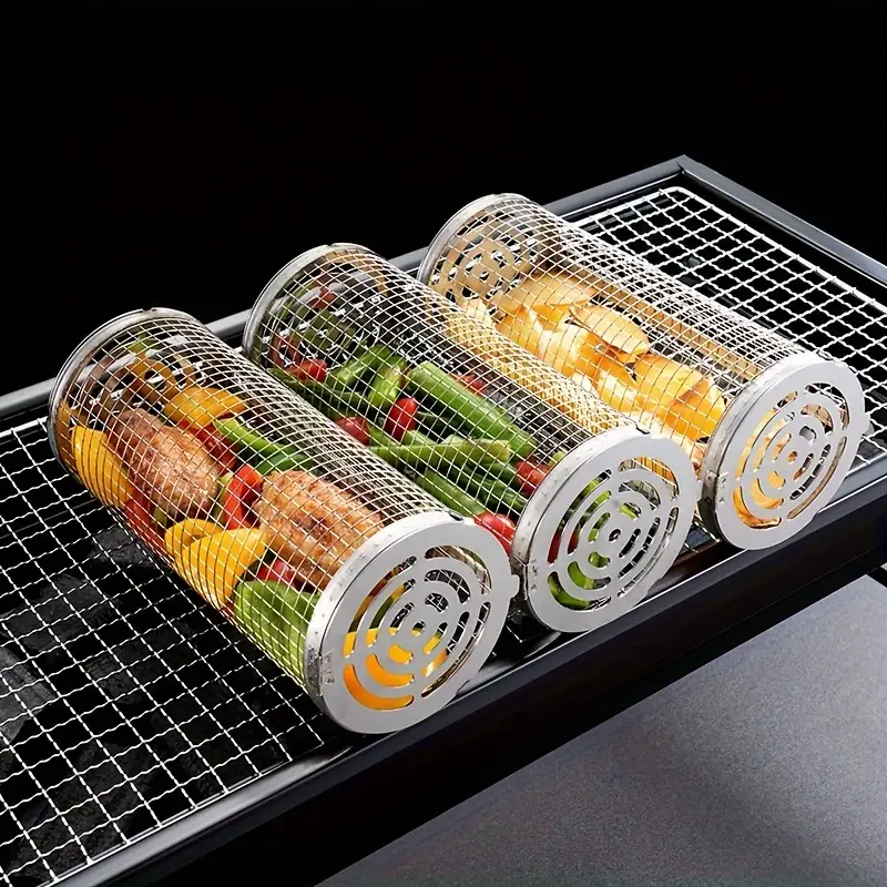 Stainless Steel mesh grilling baskets with vegetables on a grill