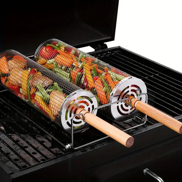 Vegetable grilling basket with vegetables on a grill