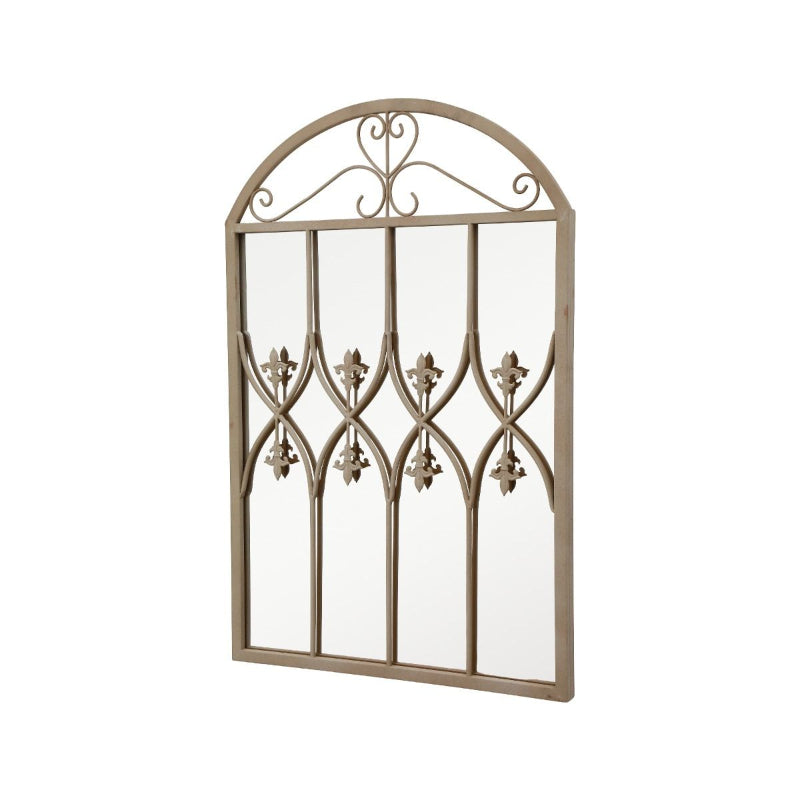 Decorative wall mirror with metal frame and glass panels on a white background