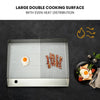 Large double cooking surface with even heat distribution, showing food being cooked.