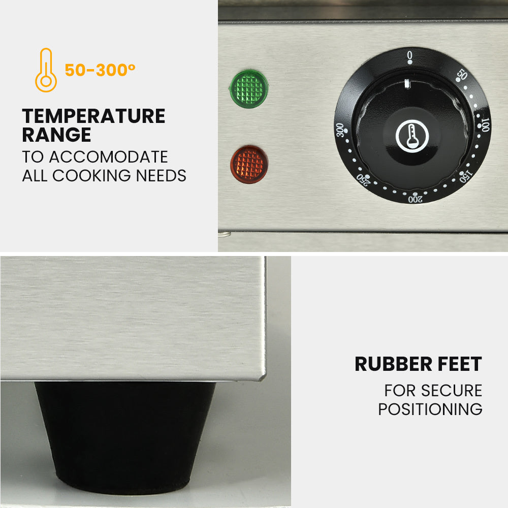 Stainless steel appliance with temperature control knob and rubber feet, featuring text about temperature range and secure positioning.