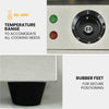 Stainless steel appliance with temperature control knob and rubber feet, featuring text about temperature range and secure positioning.