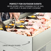 Portable cooking device with food being prepared, text indicating it's perfect for outdoor events.