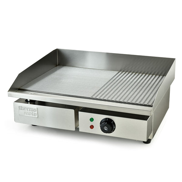 Stainless steel griddle with control panel on a white background