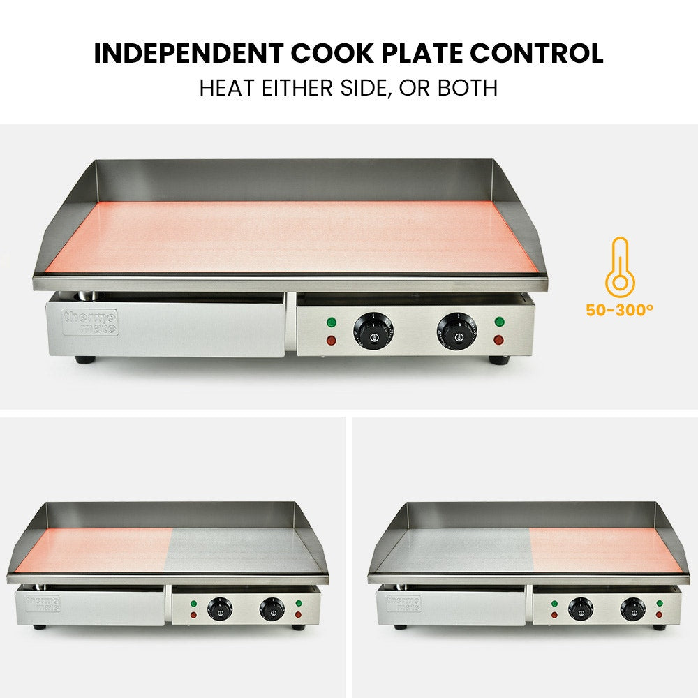Electric cook plate with independent control knobs on a white background
