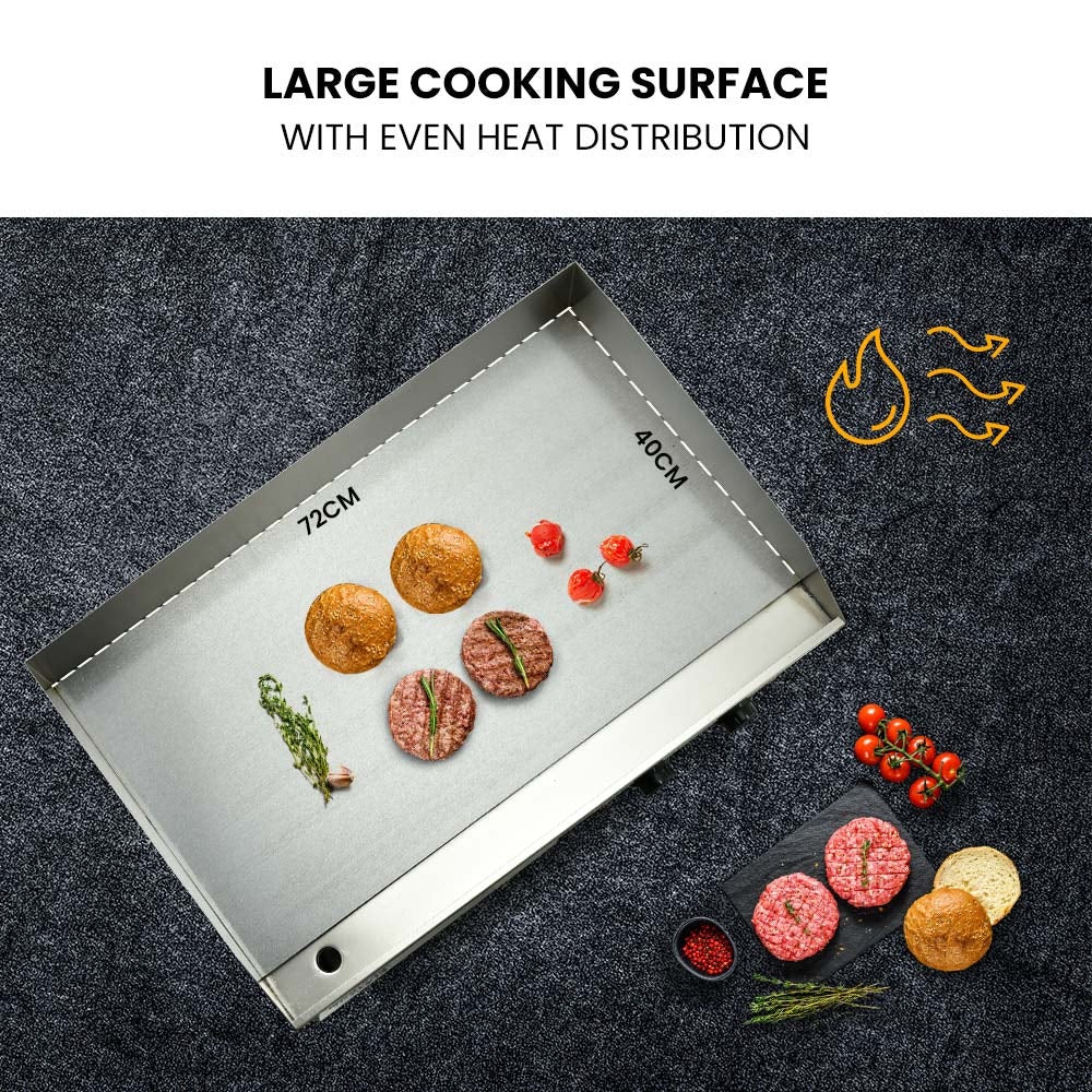Grill pan with food items on a dark surface, highlighting even heat distribution.