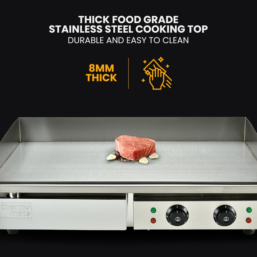 Stainless steel cooking top with thick food grade stainless steel surface, showing 8mm thickness and durability.