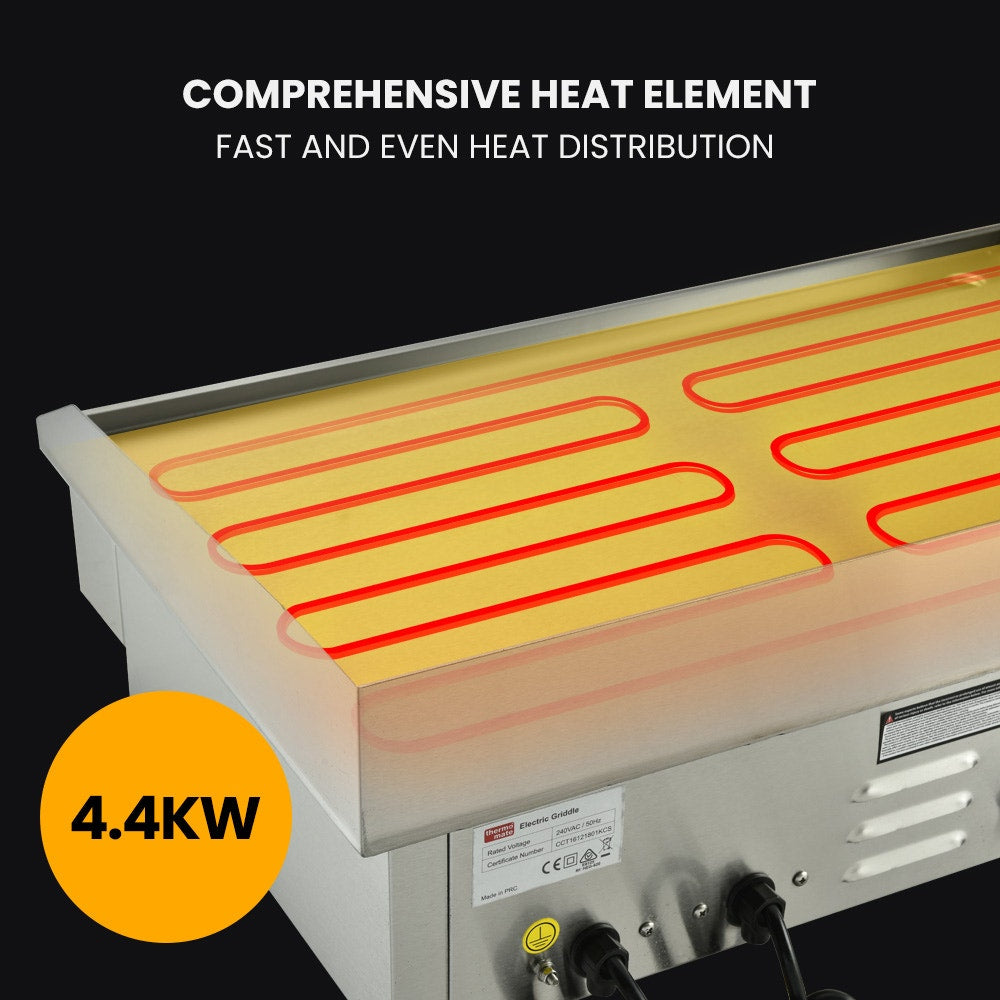 Heat element with glowing red heating elements and text on a black background