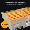 Heat element with glowing red heating elements and text on a black background