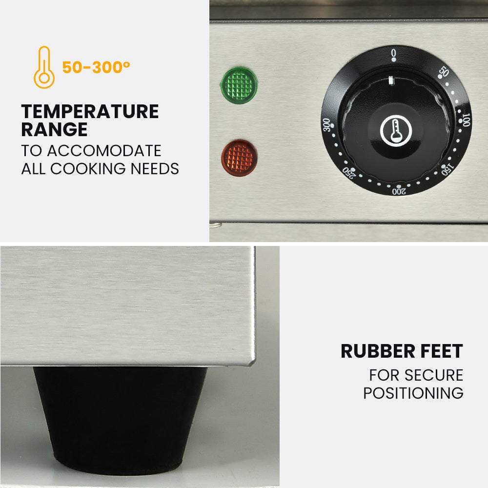Temperature control knob and rubber feet of a kitchen appliance with text on temperature range and secure positioning.
