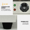 Temperature control knob and rubber feet of a kitchen appliance with text on temperature range and secure positioning.