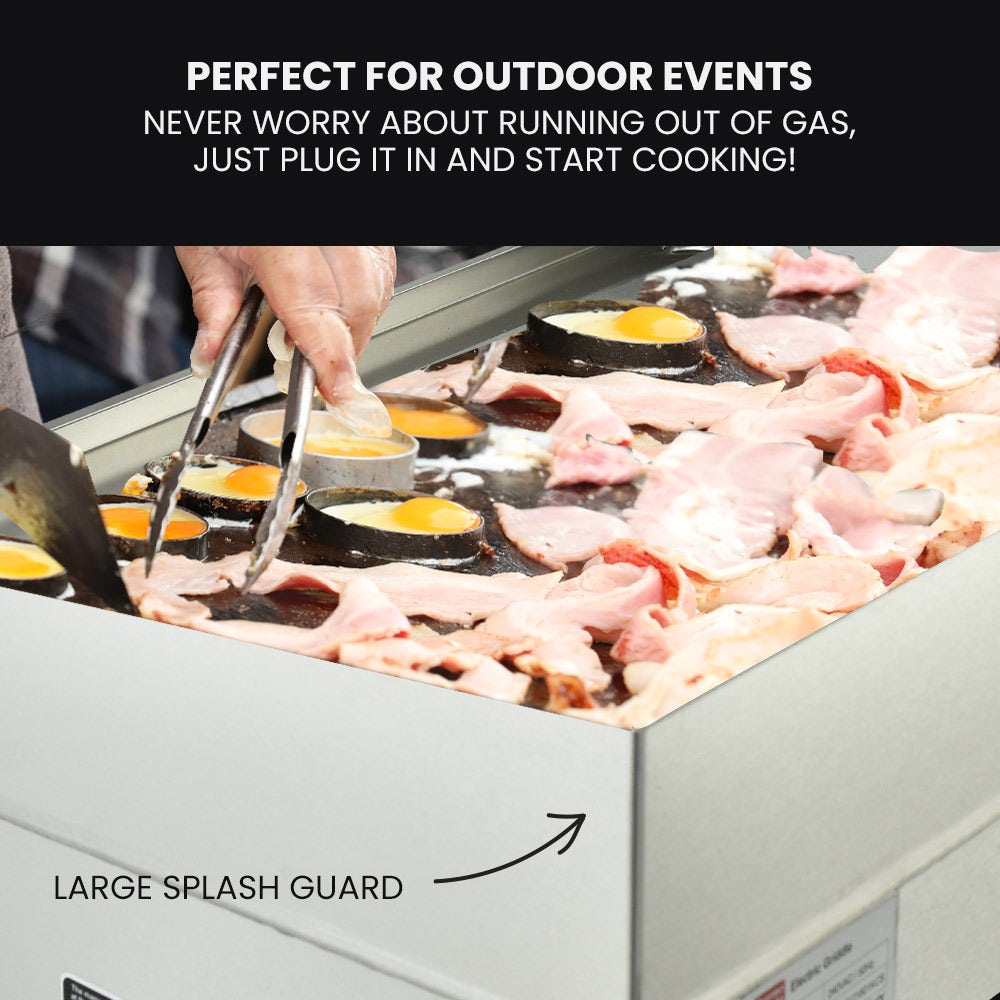 Portable cooking device with food being prepared, text indicating it's perfect for outdoor events.