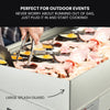 Portable cooking device with food being prepared, text indicating it's perfect for outdoor events.