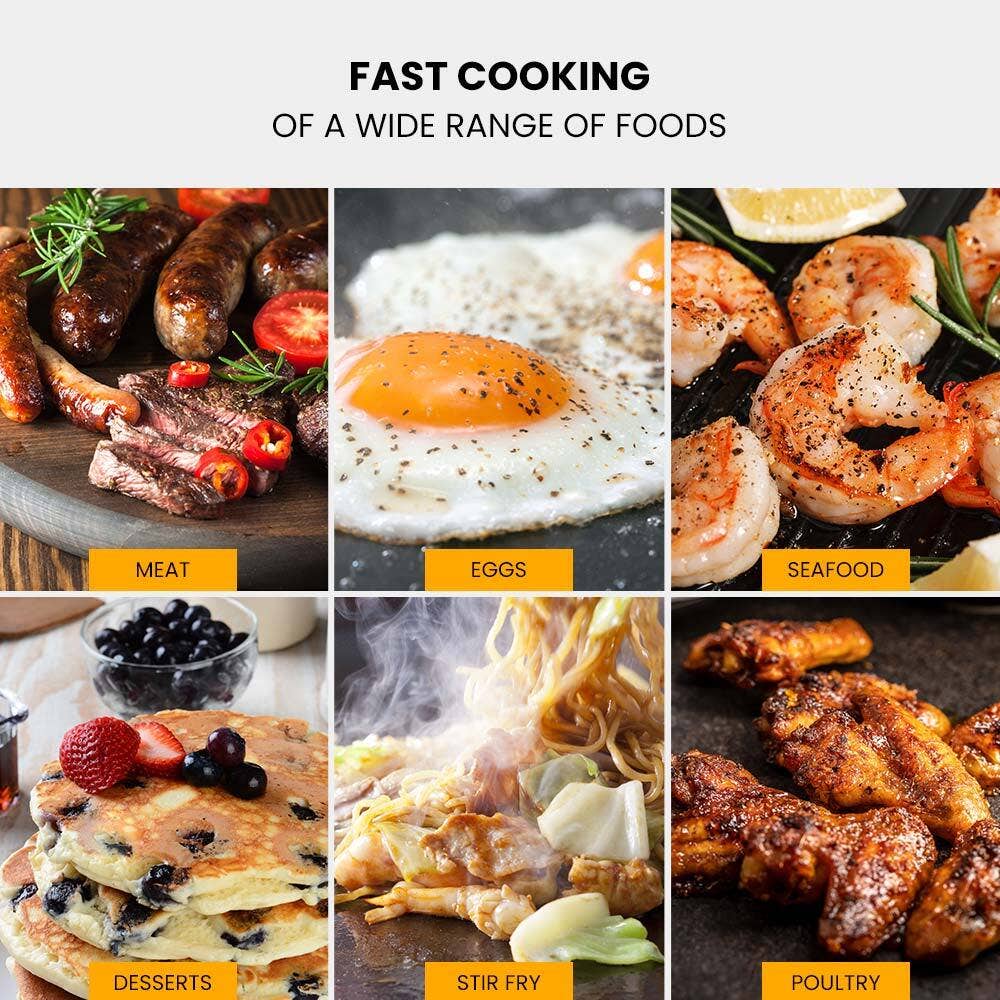 Collage of fast-cooked foods including meat, eggs, seafood, desserts, stir fry, and poultry with labels.