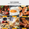 Collage of fast-cooked foods including meat, eggs, seafood, desserts, stir fry, and poultry with labels.