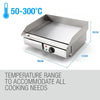 Stainless steel griddle with temperature range 50-300°C and dimensions displayed.