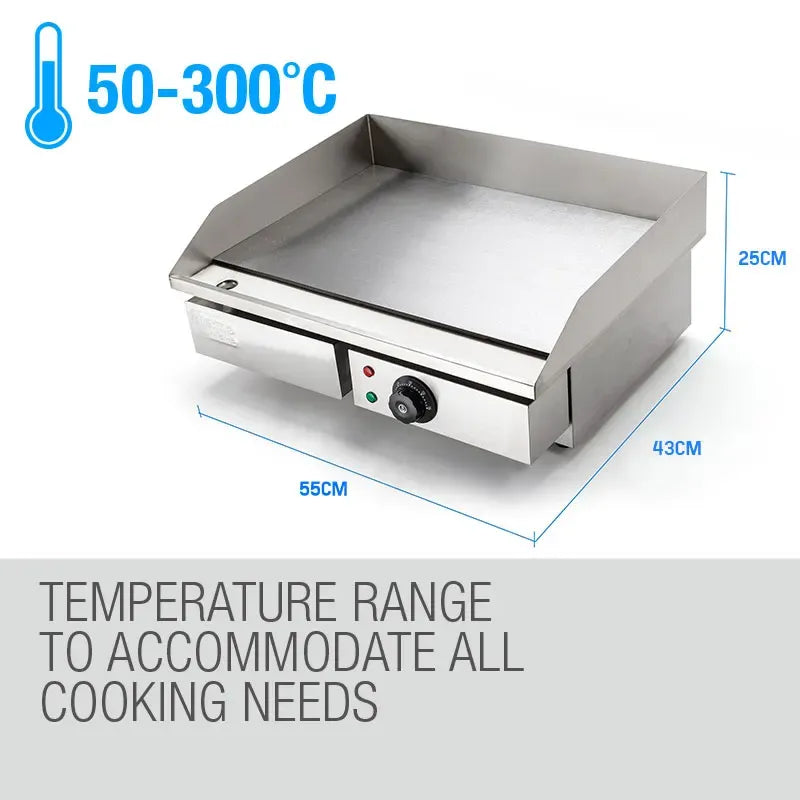 Stainless steel griddle with temperature range 50-300°C and dimensions displayed.
