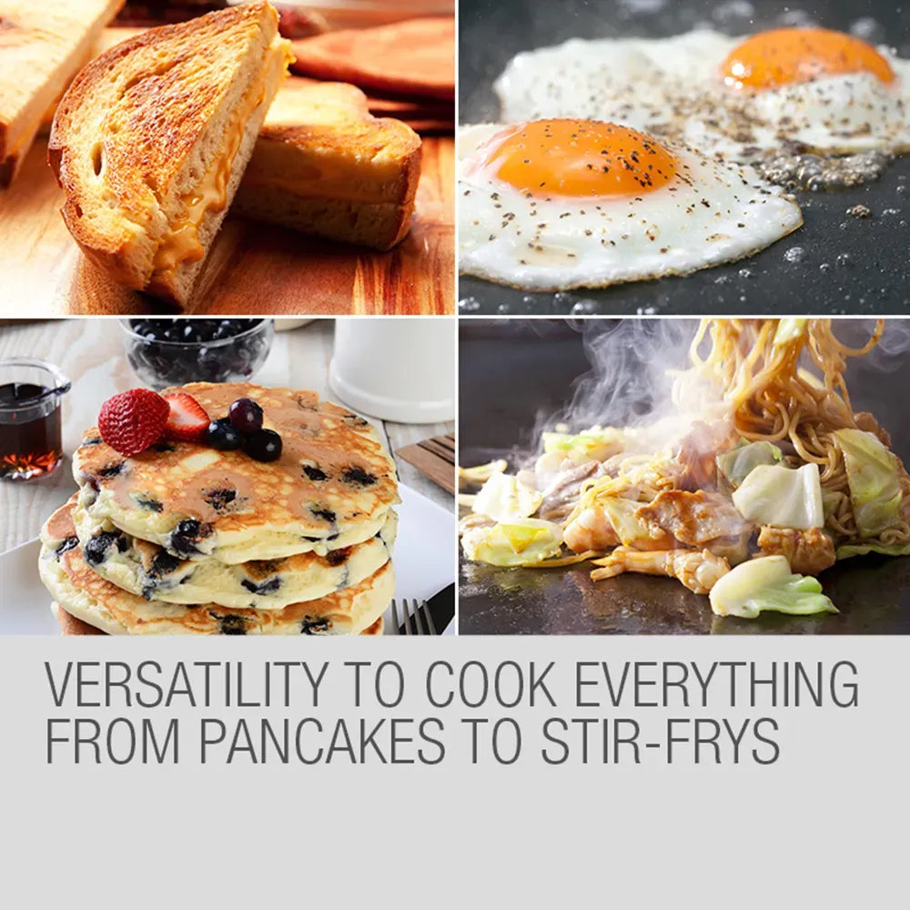 Collage of breakfast foods including toast, eggs, pancakes, and noodles with text 'Versatility to cook everything from pancakes to stir-fries'.