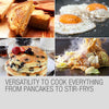 Collage of breakfast foods including toast, eggs, pancakes, and noodles with text 'Versatility to cook everything from pancakes to stir-fries'.